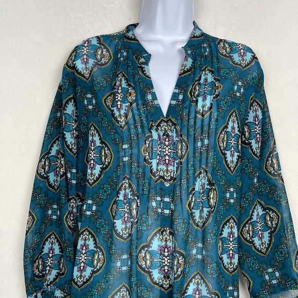 NWT Charter Club Teal V-Neck Button Up Tuxedo Pleated Blouse Tunic Large Petite - Picture 1 of 16